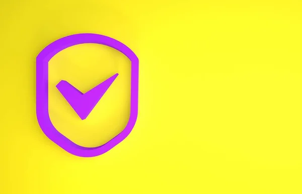 Фіолетовий Щит Іконою Перевірки Ізольованою Жовтому Тлі Безпека Безпека Захист — стокове фото