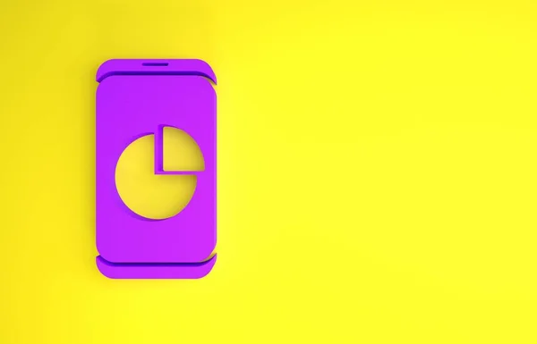Fioletowy Telefon Komórkowy Ikoną Wykresu Żółtym Tle Raport Tekstowy Znak — Zdjęcie stockowe