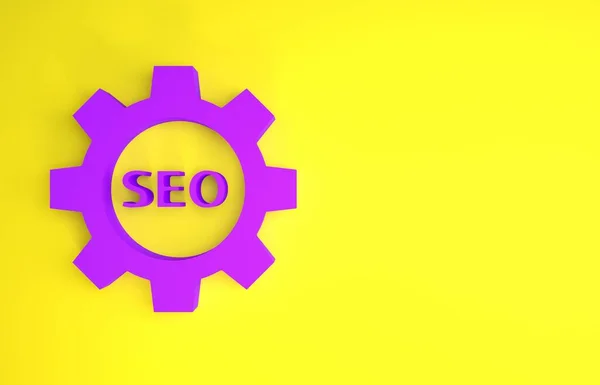 Purple Seo Tag Gear Wheel Icon Isolated Yellow Background Minimalism — Stock Photo, Image