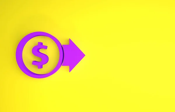 Purple Coin money with dollar symbol icon isolated on yellow background. Banking currency sign. Cash symbol. Minimalism concept. 3d illustration 3D render