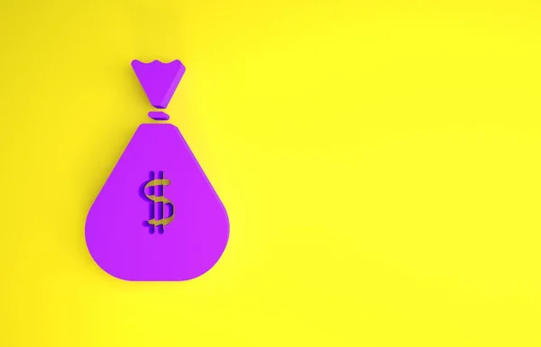 Paars Geld Zak Pictogram Geïsoleerd Gele Achtergrond Dollar Usd Symbool — Stockfoto