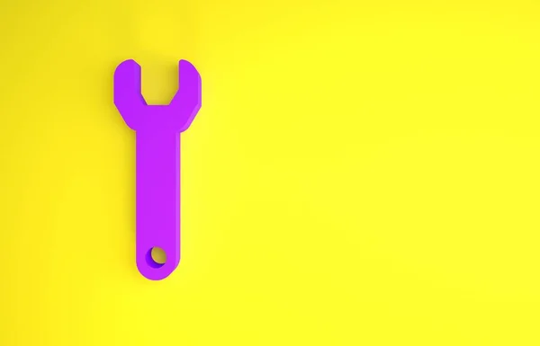 黄色の背景に隔離された紫のレンチスパナアイコン 最小限の概念 3Dイラスト3Dレンダリング — ストック写真