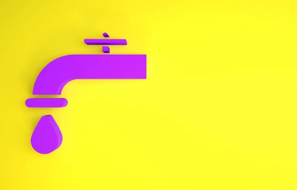 Purpurowy Kran Ikoną Kropli Wody Odizolowaną Żółtym Tle Koncepcja Minimalizmu — Zdjęcie stockowe