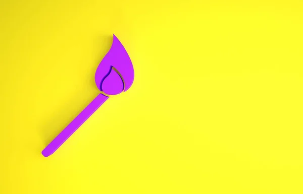 Purple Burning match with fire icon isolated on yellow background. Match with fire. Matches sign. Minimalism concept. 3d illustration 3D render