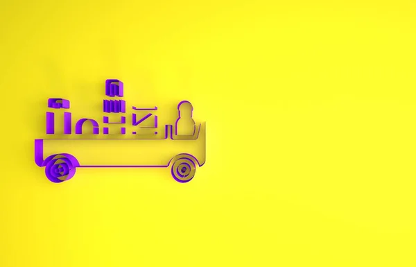 Purple Airport luggage towing truck icon isolated on yellow background. Airport luggage delivery car. Minimalism concept. 3d illustration 3D render