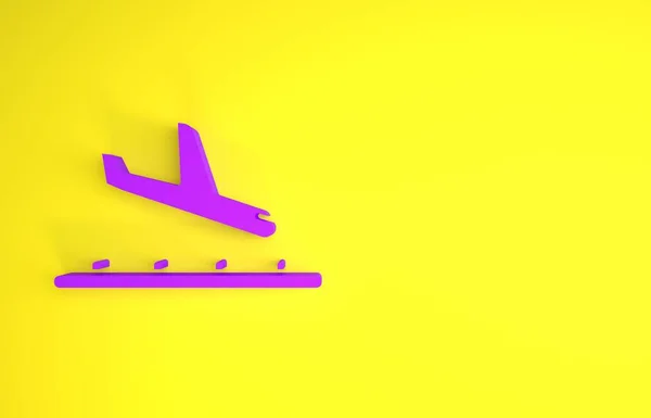 Ícone Pouso Plano Roxo Isolado Fundo Amarelo Símbolo Transporte Aéreo — Fotografia de Stock