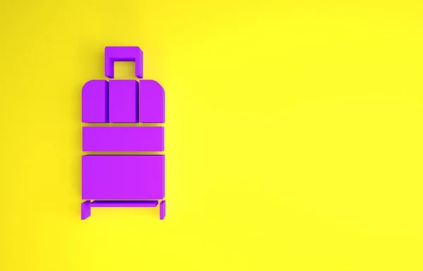 紫色套件 用于在黄色背景上隔离的旅行图标 旅行的行李标志 旅行行李图标 最低纲领的概念 3D渲染3D插图 — 图库照片