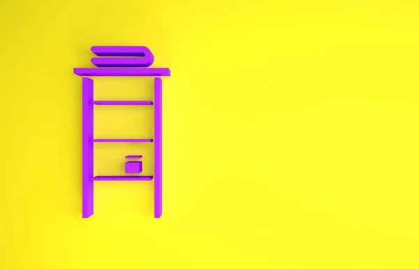 紫色浴室架与架子上的毛巾图标隔离黄色背景 浴室室内的家具用品 最低纲领的概念 3D渲染3D插图 — 图库照片