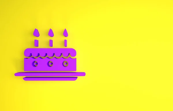 Pastel Púrpura Con Icono Velas Encendidas Aisladas Sobre Fondo Amarillo — Foto de Stock