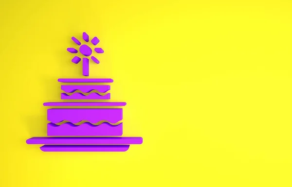Фиолетовый Cake Горящими Свечами Значок Изолирован Желтом Фоне Днем Рождения — стоковое фото