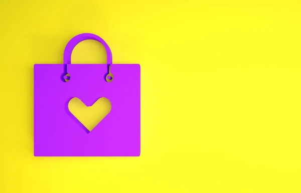 Lila Einkaufstasche Mit Herz Symbol Auf Gelbem Hintergrund Shopping Bag — Stockfoto