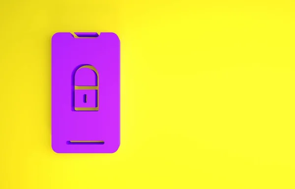 노란색 배경에는 자물쇠 아이콘 보라색 스마트폰입니다 모바일 최소성 일러스트 렌더링 — 스톡 사진