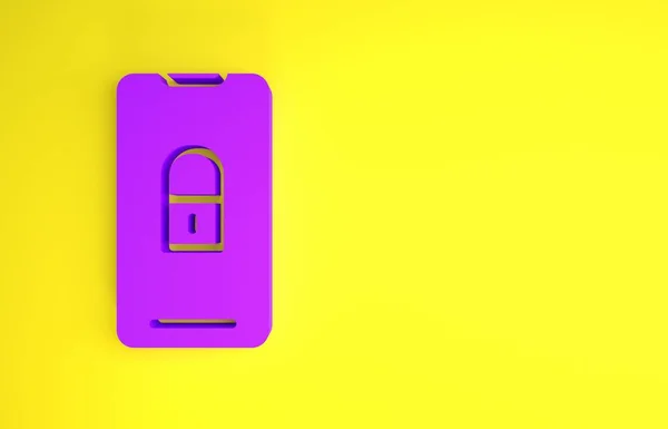 Smartphone Roxo Com Ícone Cadeado Fechado Isolado Fundo Amarelo Telefone — Fotografia de Stock