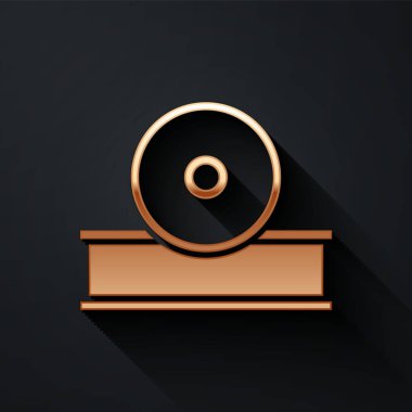 Altın Otolaryngological baş yansıtıcı ikonu siyah arkaplanda izole edildi. Hastanın kulağını, boğazını ve burnunu incelemek için ekipman. Uzun gölge tarzı. Vektör İllüstrasyonu