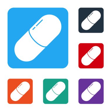 Beyaz ilaç hapı ya da beyaz arka planda izole edilmiş tablet ikonu. Kapsül hapı ve uyuşturucu işareti. Eczane tasarımı. Renkli kare düğmelerle simgeleri ayarla. Vektör İllüstrasyonu
