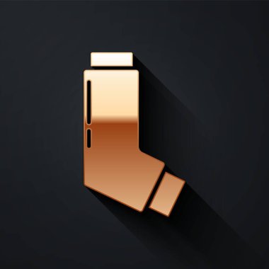 Siyah arkaplanda altın astım ikonu izole edildi. Öksürük şurubu, solunum, alerjik hasta. Tıbbi alerji astım spreyi. Uzun gölge tarzı. Vektör İllüstrasyonu