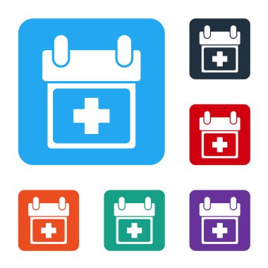 Beyaz Doktor atama simgesi beyaz arkaplanda izole edildi. Takvim, planlama kurulu, ajanda, danışman doktor. Renkli kare düğmelerle simgeleri ayarla. Vektör İllüstrasyonu