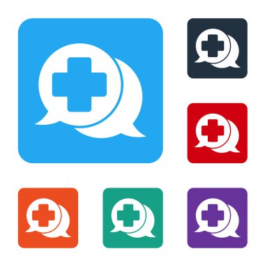 Beyaz arka planda izole edilmiş doktor simgesi ile beyaz diyalog. Doktor ve hasta diyaloğu. Sağlık hizmetleri hakkında danışmanlık. Renkli kare düğmelerle simgeleri ayarla. Vektör İllüstrasyonu