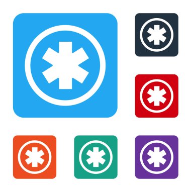 Acil Servis 'in beyaz tıbbi sembolü - Yaşam Yıldızı simgesi beyaz arkaplanda izole edildi. Renkli kare düğmelerle simgeleri ayarla. Vektör İllüstrasyonu