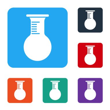 Beyaz test tüpü ve beyaz arka planda izole edilmiş matara simgesi. Kimyasal laboratuvar testi. Laboratuvar camları. Renkli kare düğmelerle simgeleri ayarla. Vektör İllüstrasyonu