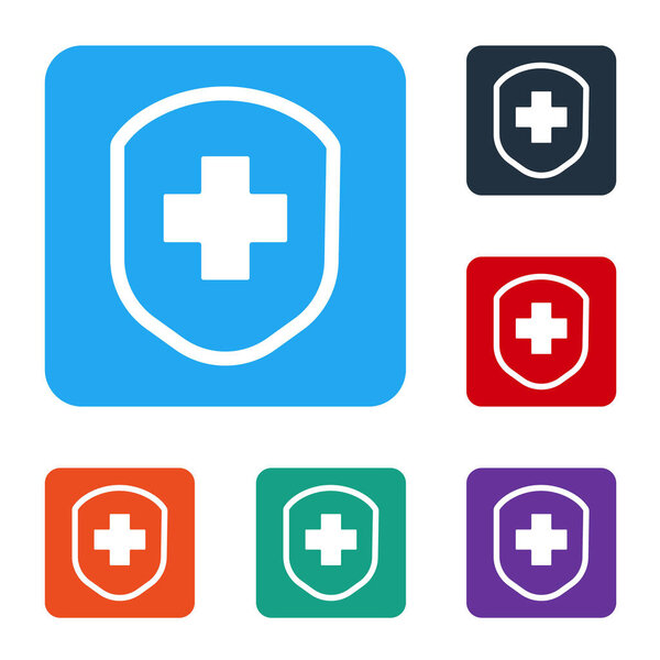 White Medical shield with cross icon isolated on white background. Protection, safety, password security. Set icons in color square buttons. Vector Illustration