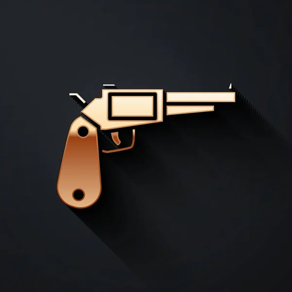 Gold Revolver Pistool Pictogram Geïsoleerd Zwarte Achtergrond Lange Schaduw Stijl — Stockvector