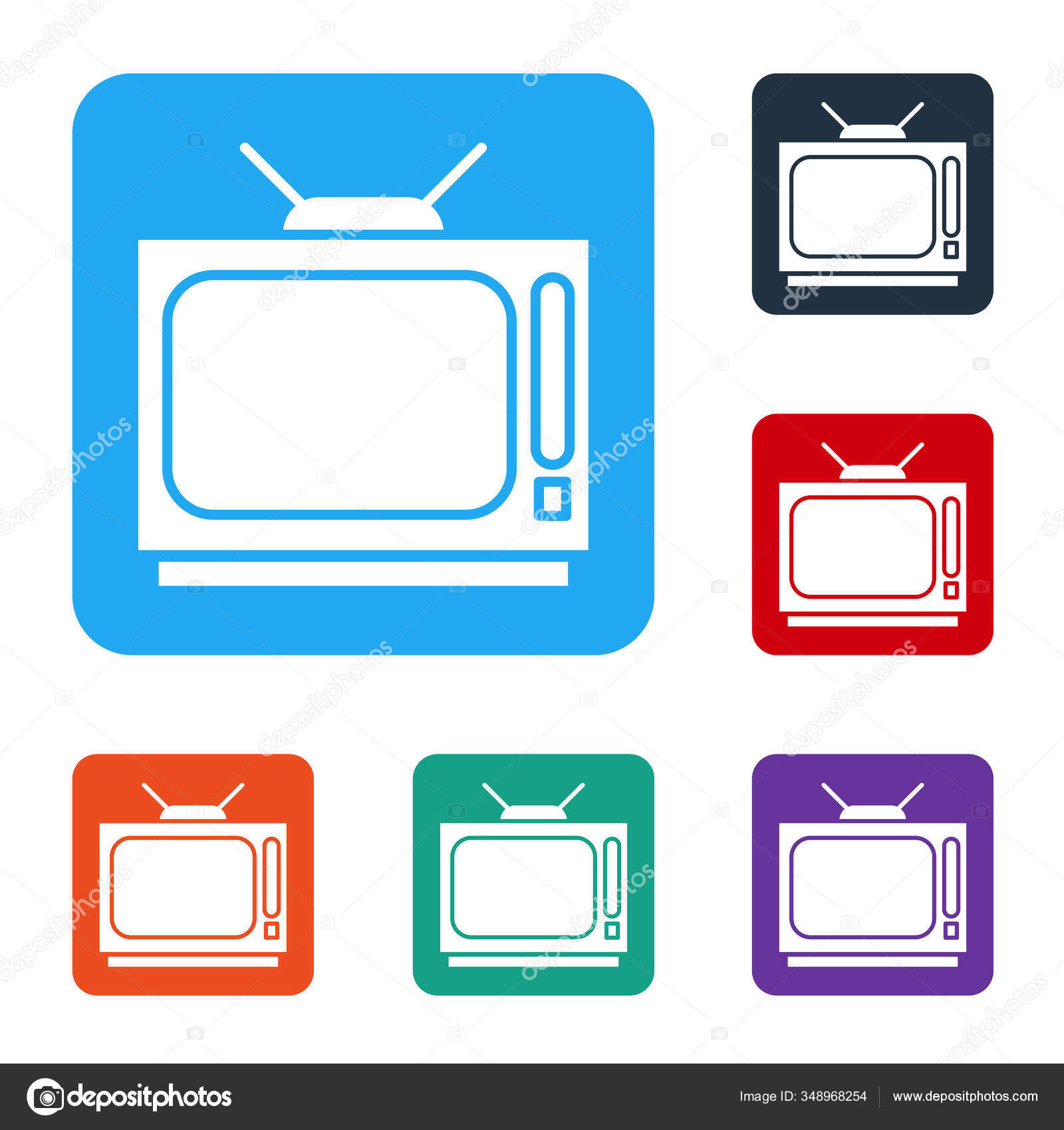 白の背景に隔離されたホワイトレトロテレビのアイコン テレビの看板 カラースクエアボタンにアイコンを設定します ベクターイラスト ストックベクター C Vectorstockvadim