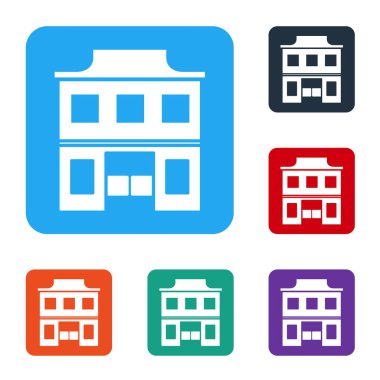 Beyaz arka planda izole edilmiş Beyaz Vahşi Batı salon ikonu. Eski batı binası. Renkli kare düğmelerle simgeleri ayarla. Vektör İllüstrasyonu