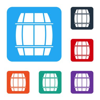 Beyaz ahşap varil ikonu beyaz arka planda izole edilmiş. Alkol fıçısı, içki kabı, bira için tahta fıçı, viski, şarap. Renkli kare düğmelerle simgeleri ayarla. Vektör İllüstrasyonu