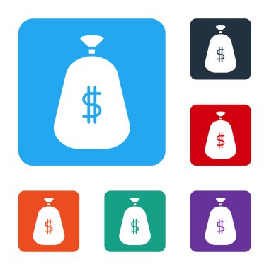 Beyaz Para Çantası simgesi beyaz arkaplanda izole edildi. Dolar ya da Usd sembolü. Nakit bankacılık tabelası. Renkli kare düğmelerle simgeleri ayarla. Vektör İllüstrasyonu