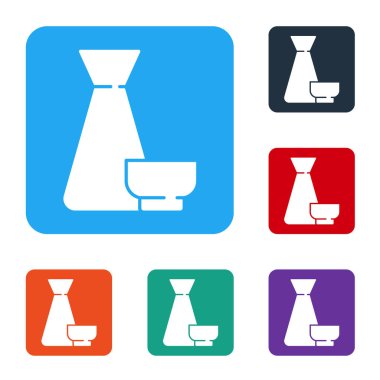 Beyaz arka planda izole edilmiş geleneksel Çin çay seremonisi ikonu. Fincanlı çaydanlık. Renkli kare düğmelerle simgeleri ayarla. Vektör İllüstrasyonu