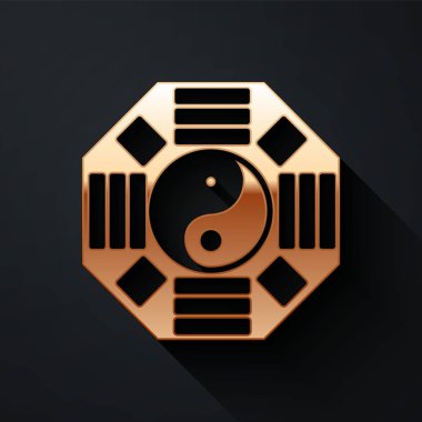 Altın Yin Yang sembolü, uyum ve denge simgesi, siyah arka planda izole edilmiş. Uzun gölge tarzı. Vektör İllüstrasyonu