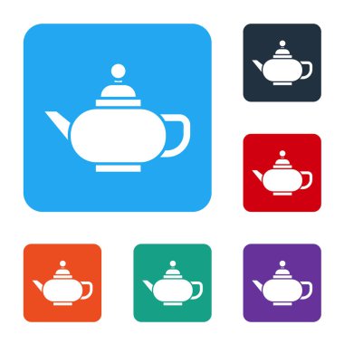 Beyaz arka planda izole edilmiş geleneksel Çin çay seremonisi ikonu. Fincanlı çaydanlık. Renkli kare düğmelerle simgeleri ayarla. Vektör İllüstrasyonu