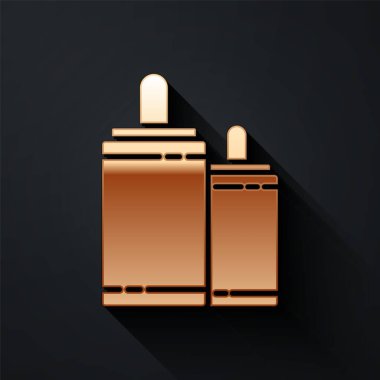 Altın Havai fişek simgesi siyah arkaplanda izole edildi. Eğlence partisi anlayışı. Patlayıcı havai fişek sembolü. Uzun gölge tarzı. Vektör İllüstrasyonu