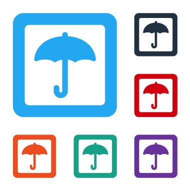 Beyaz Şemsiye simgesi beyaz arkaplanda izole edildi. Su geçirmez ikon. Koruma, güvenlik, güvenlik kavramı. Suya dayanıklı sembol. Renkli kare düğmelerle simgeleri ayarla. Vektör İllüstrasyonu