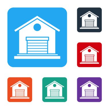 Beyaz Depo simgesi beyaz arkaplanda izole edildi. Renkli kare düğmelerle simgeleri ayarla. Vektör İllüstrasyonu