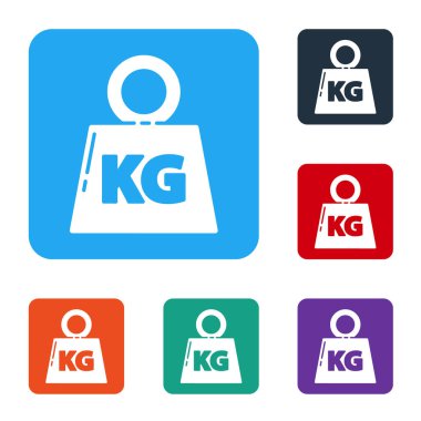 Beyaz Ağırlık simgesi beyaz arkaplanda izole edildi. Kilogram ağırlık kaldırmak ve ölçmek için ağırlık bloğu. Kütle sembolü. Renkli kare düğmelerle simgeleri ayarla. Vektör İllüstrasyonu