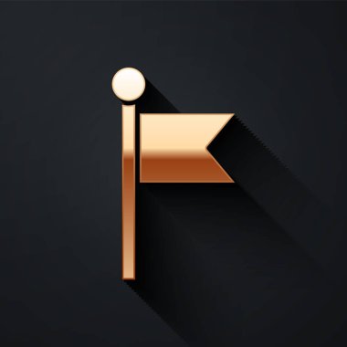 Siyah arkaplanda Altın Bayrak simgesi izole edildi. Yer belirleyici sembol. Uzun gölge tarzı. Vektör İllüstrasyonu