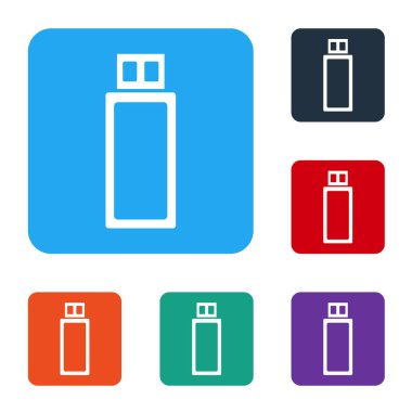 Beyaz USB flaş bellek simgesi beyaz arkaplanda izole edildi. Renkli kare düğmelerle simgeleri ayarla. Vektör İllüstrasyonu