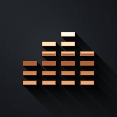 Altın Müzik eşitleyici simgesi siyah arkaplanda izole edildi. Ses dalgası. Ses dijital dengeleyici teknolojisi, konsol paneli, nabız müzikali. Uzun gölge tarzı. Vektör İllüstrasyonu