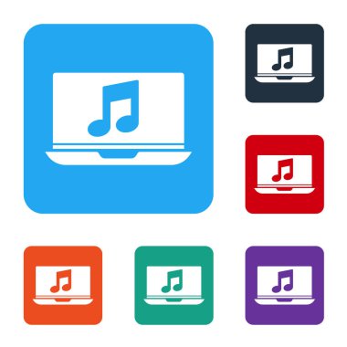 Beyaz arkaplanda izole edilmiş müzik nota sembollü beyaz dizüstü bilgisayar. Renkli kare düğmelerle simgeleri ayarla. Vektör İllüstrasyonu