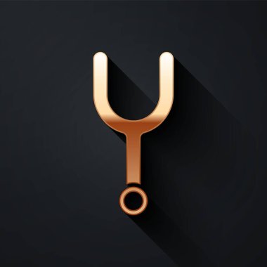 Müzik aletlerini akort etmek için Altın Müzik Akort Çatalı simgesi siyah arka planda izole edildi. Uzun gölge tarzı. Vektör İllüstrasyonu