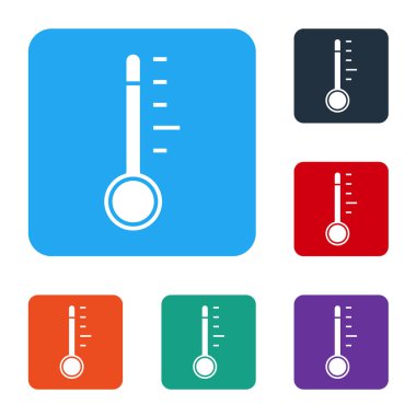 Beyaz Meteoroloji termometresi beyaz arkaplanda izole edilmiş ikonu ölçüyor. Termometre termometresi sıcak ya da soğuk hava gösteriyor. Renkli kare düğmelerle simgeleri ayarla. Vektör İllüstrasyonu