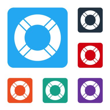 Beyaz Lifebuoy simgesi beyaz arkaplanda izole edildi. Hayat kurtaran yüzen can simidi plaj için, kurtarma kemeri insanları kurtarmak için. Renkli kare düğmelerle simgeleri ayarla. Vektör İllüstrasyonu