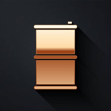 Altın Varil yağ ikonu siyah arka planda izole edildi. Uzun gölge tarzı. Vektör İllüstrasyonu