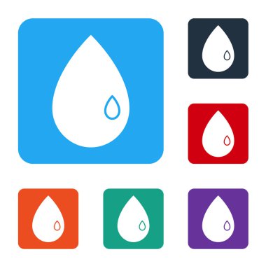 Beyaz arkaplanda beyaz yağ damlası simgesi izole edildi. Renkli kare düğmelerle simgeleri ayarla. Vektör İllüstrasyonu