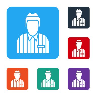 Beyaz hokey hakimi, hakem, beyaz arka planda izole edilmiş hakem ikonu. Renkli kare düğmelerle simgeleri ayarla. Vektör İllüstrasyonu