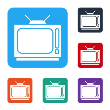 Beyaz Retro TV simgesi beyaz arkaplanda izole edildi. Televizyon tabelası. Renkli kare düğmelerle simgeleri ayarla. Vektör İllüstrasyonu