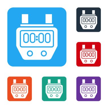 Beyaz Kronometre simgesi beyaz arkaplanda izole edildi. Zaman göstergesi. Kronometre işareti. Renkli kare düğmelerle simgeleri ayarla. Vektör İllüstrasyonu