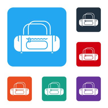 Beyaz arka planda beyaz spor çanta simgesi izole edildi. Renkli kare düğmelerle simgeleri ayarla. Vektör İllüstrasyonu